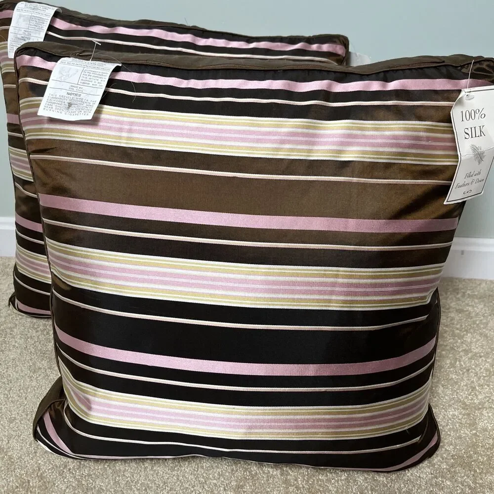 2 100% Silk Striped Throw Pillows Cushions Feather & Down Inserts 18x18 NWT Read